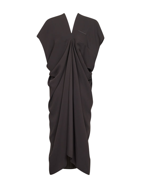 Abito midi drappeggiato in crêpe marrone<BR/>