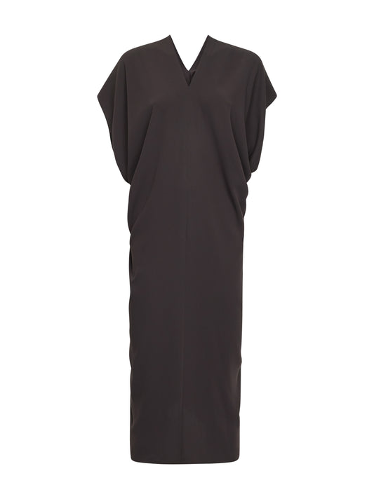 Abito midi drappeggiato in crêpe marrone<BR/>