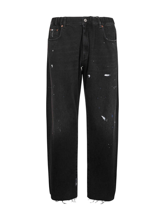 Black cotton denim straight leg jeans