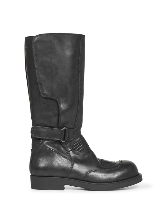 Black calf leather biker boots