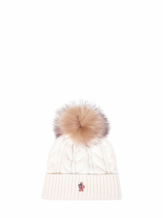 White wool and cashmere blend knit pom pom beanie