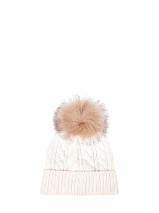 White wool and cashmere blend knit pom pom beanie