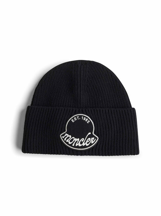 Black wool knit logo patch beanie