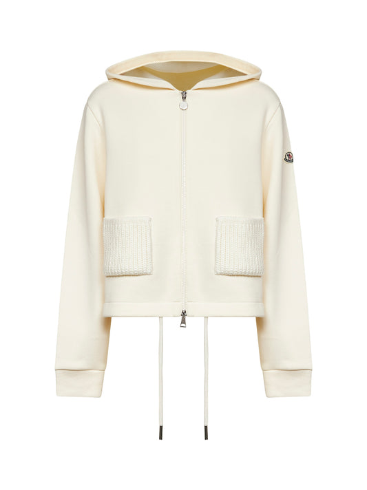 Ivory zip-up hoodie with knit details