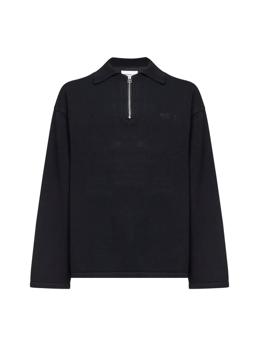Black cotton knit half-zip polo shirt