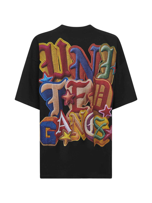 Black cotton jersey printed T-shirt
