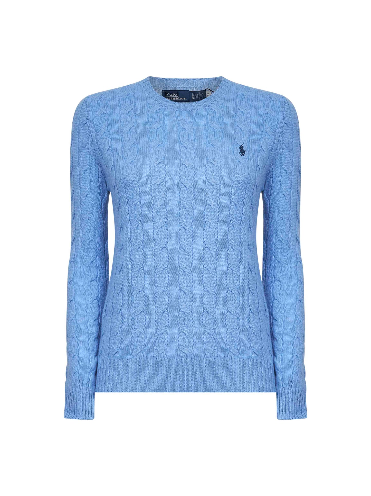 Light blue cable knit wool and cashmere sweater