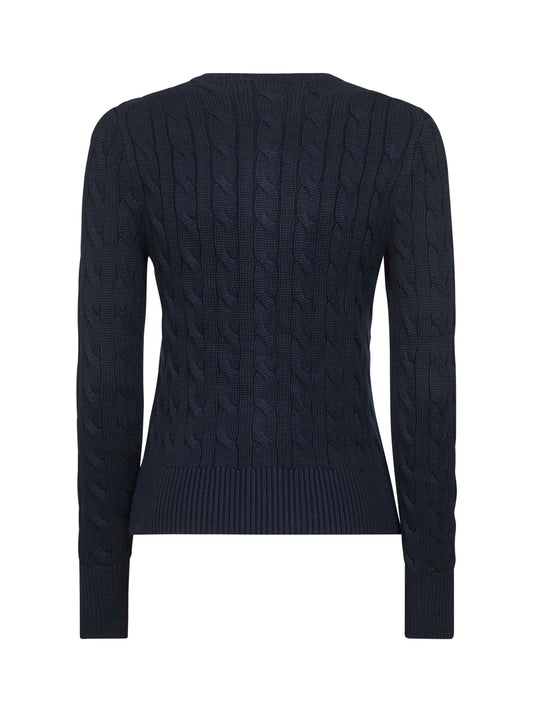 Blue cable-knit cotton crewneck cardigan