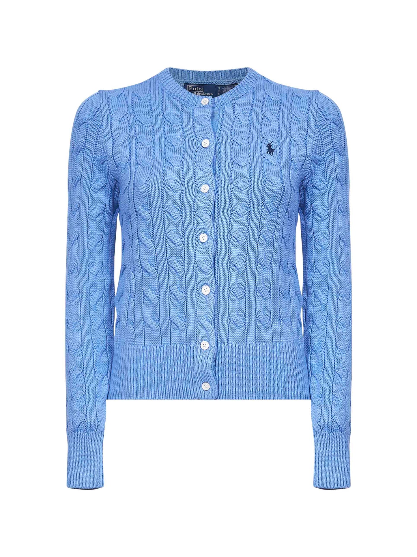 Light blue cable-knit cotton crewneck cardigan