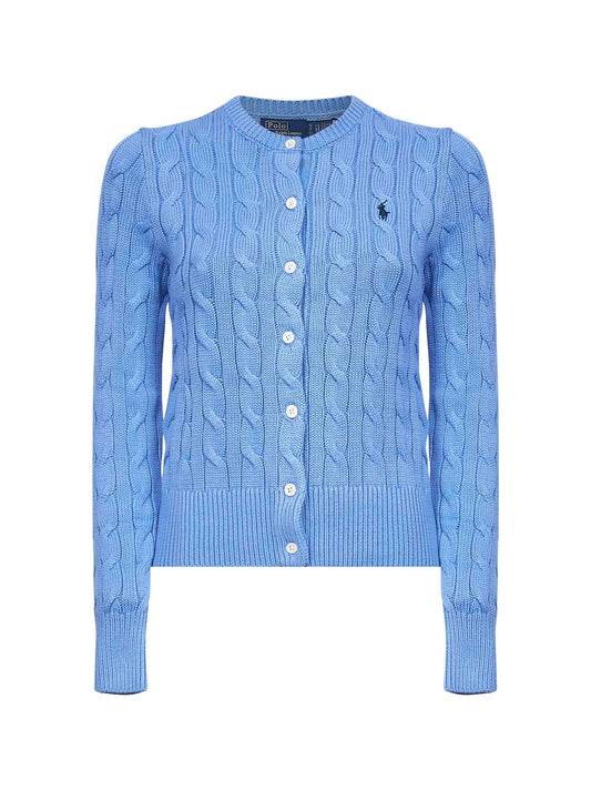 Light blue cable-knit cotton crewneck cardigan