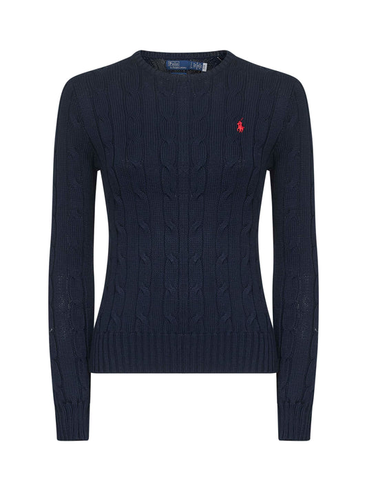 Blue cable-knit cotton crewneck sweater