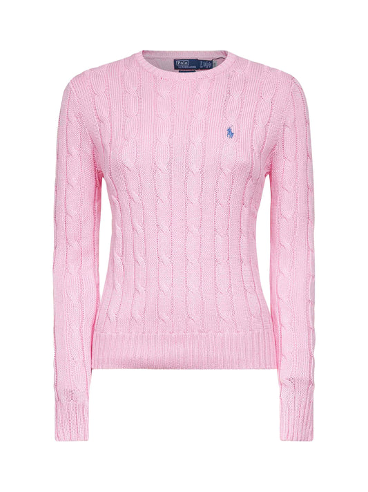 Pink cable-knit cotton crewneck sweater