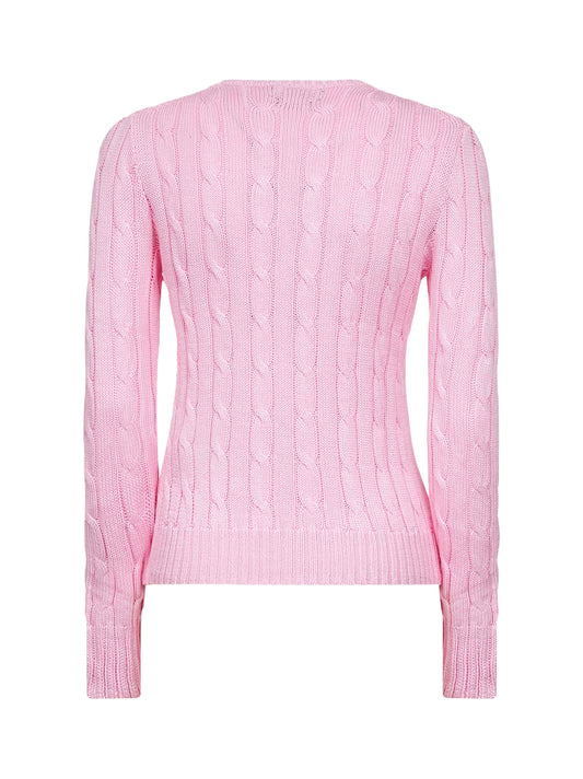 Pink cable-knit cotton crewneck sweater