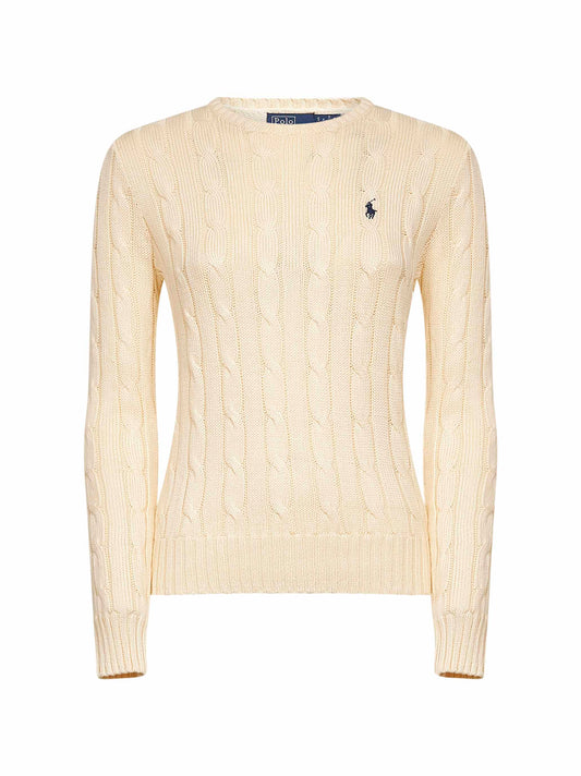 Cream cable-knit cotton crewneck sweater