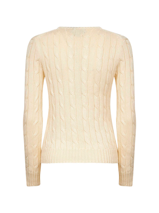 Cream cable-knit cotton crewneck sweater