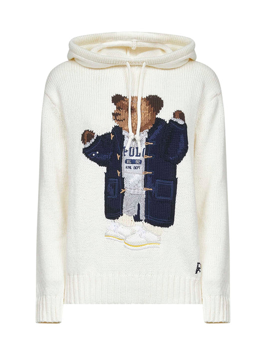Ivory knit Polo Bear hooded sweater