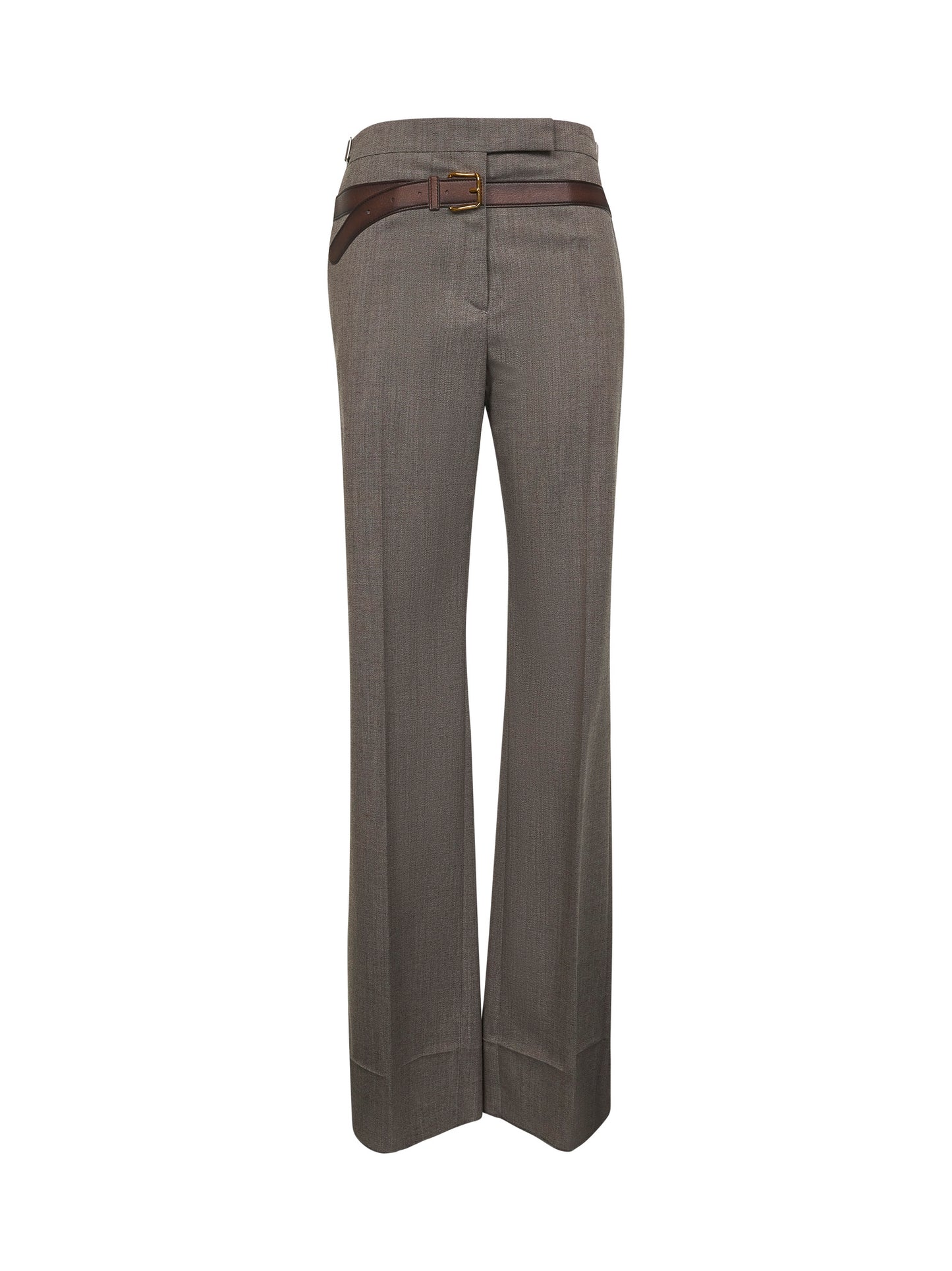 Brown tec wool printed belt trousers