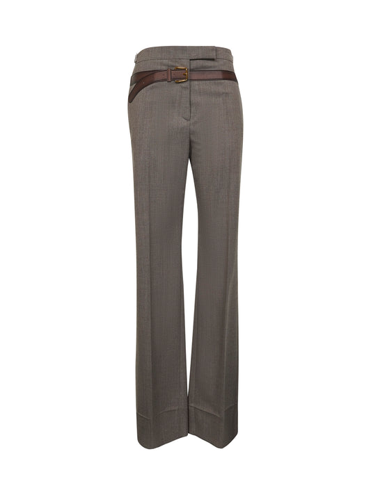 Brown tec wool printed belt trousers