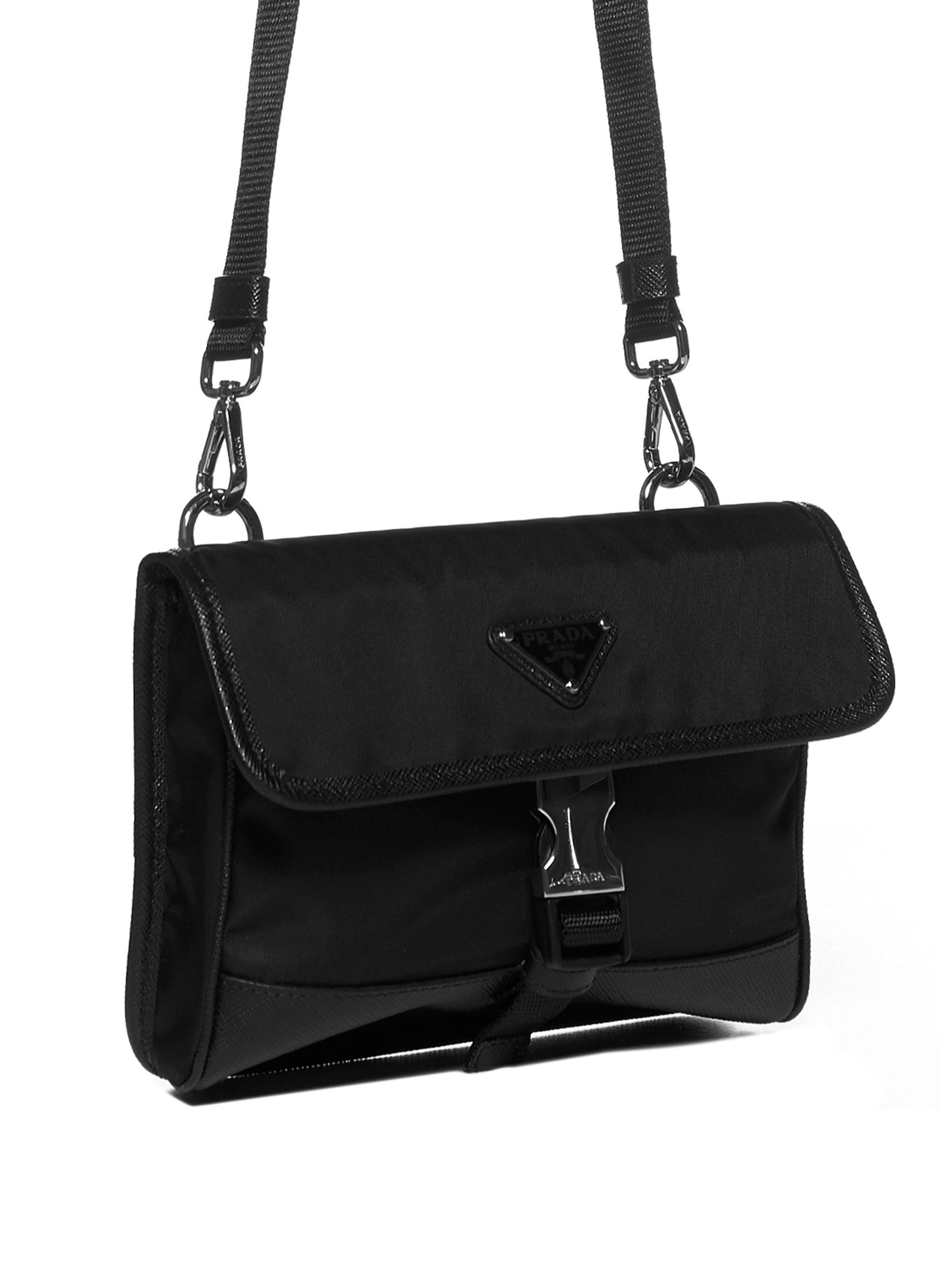 Phone holder in black Re-Nylon and Saffiano leather