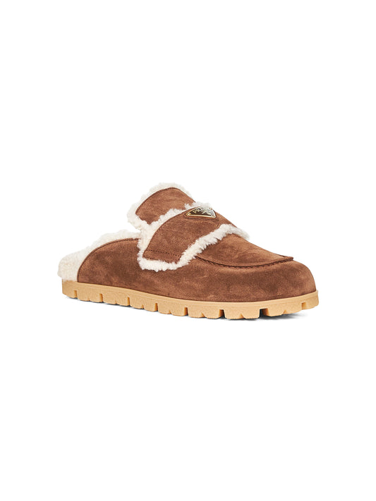 Sabot in pelle scamosciata e shearling marrone