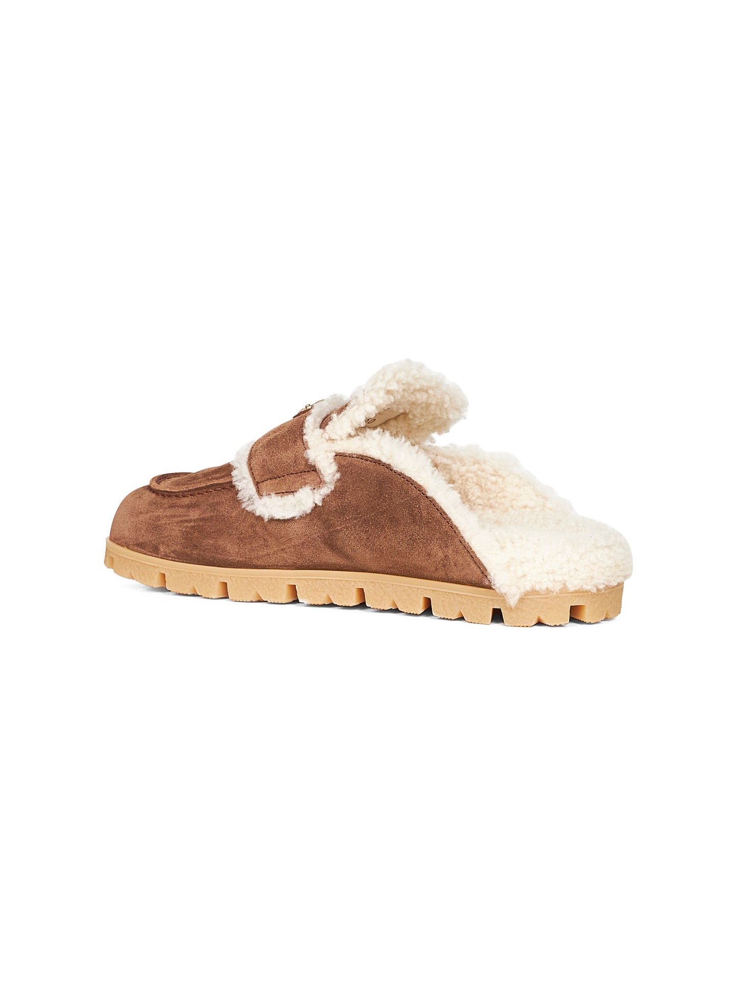 Sabot in pelle scamosciata e shearling marrone