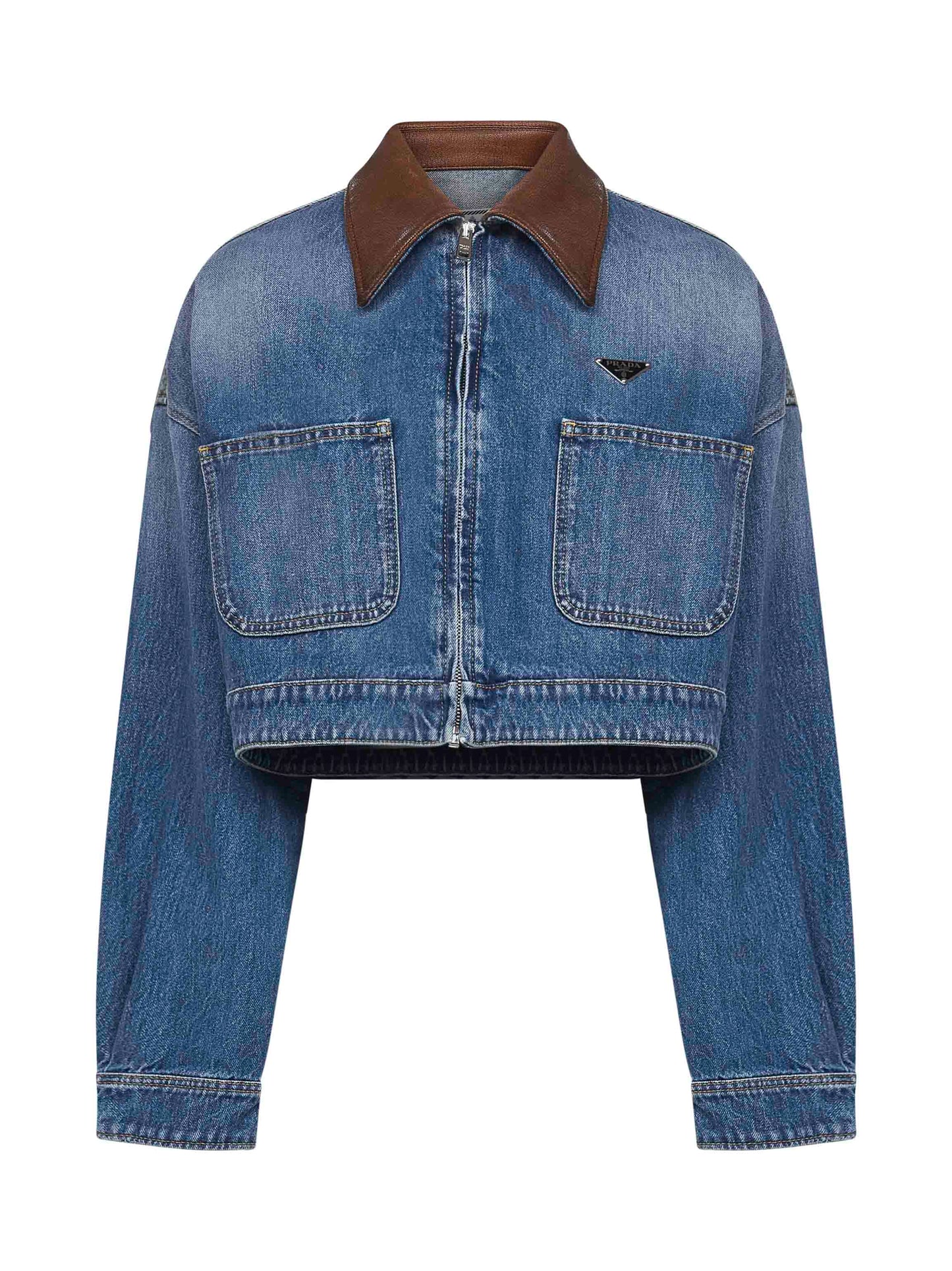 Blouson cropped in denim azzurro
