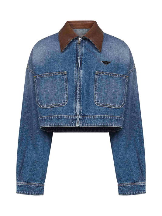 Blouson cropped in denim azzurro