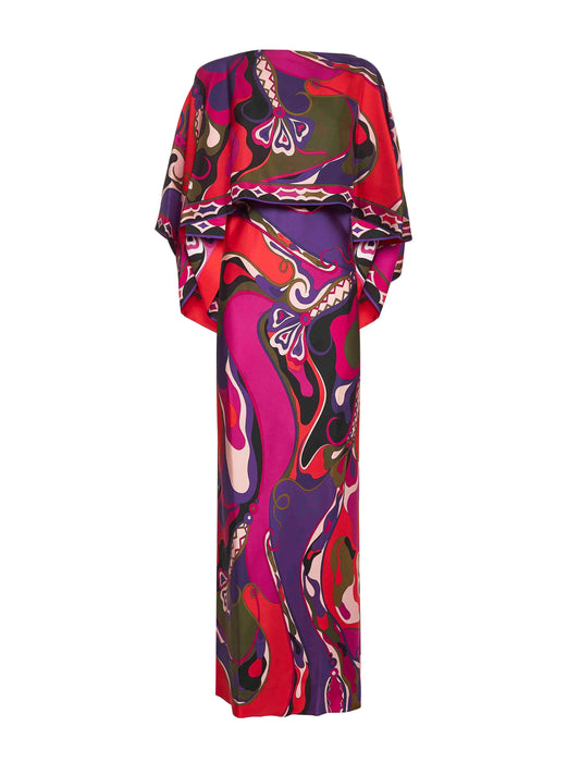 Orchidee print silk long dress with cape