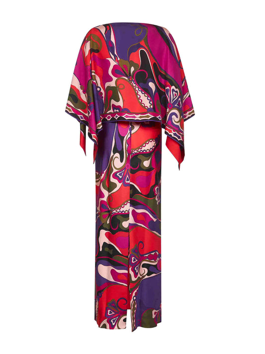 Orchidee print silk long dress with cape