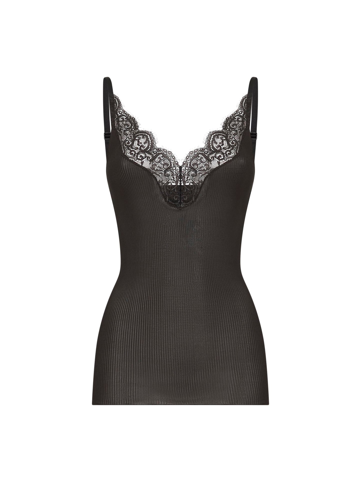 Black ribbed silk jersey laced tank top