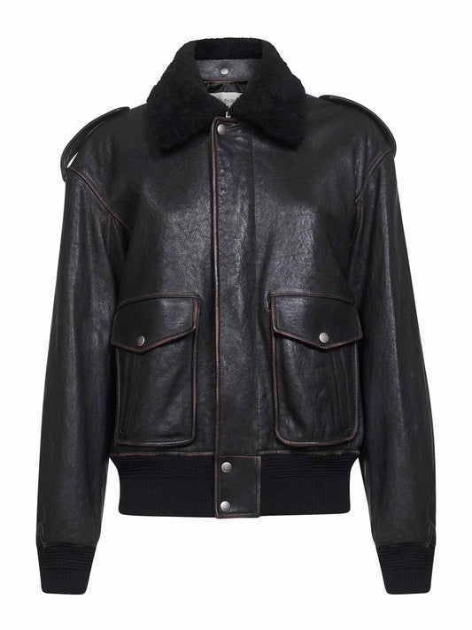 Bomber in pelle di agnello e shearling nero