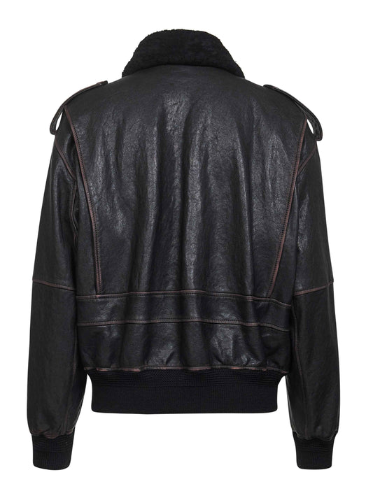 Bomber in pelle di agnello e shearling nero