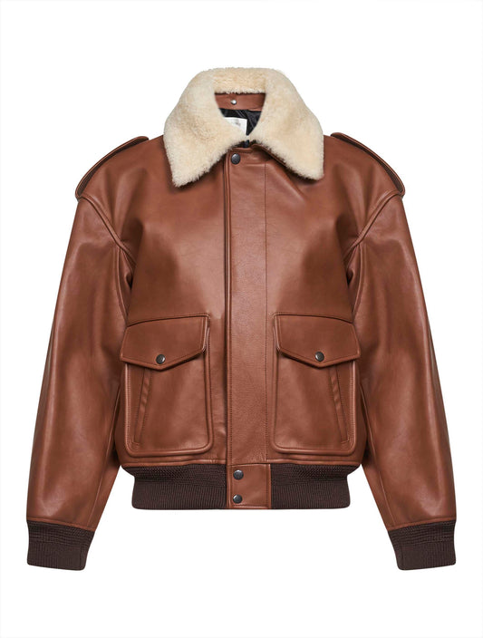 Bomber in pelle martellata e shearling marrone