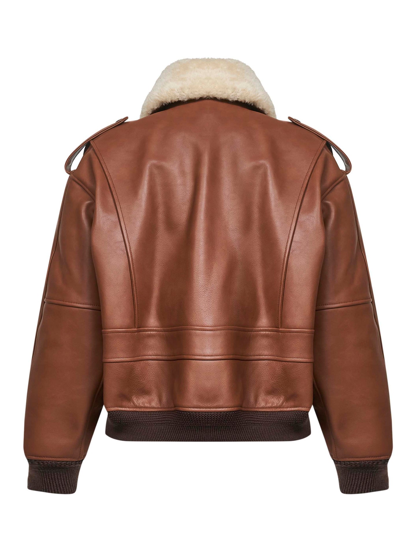 Brown grained leather and shearling bomber jacket