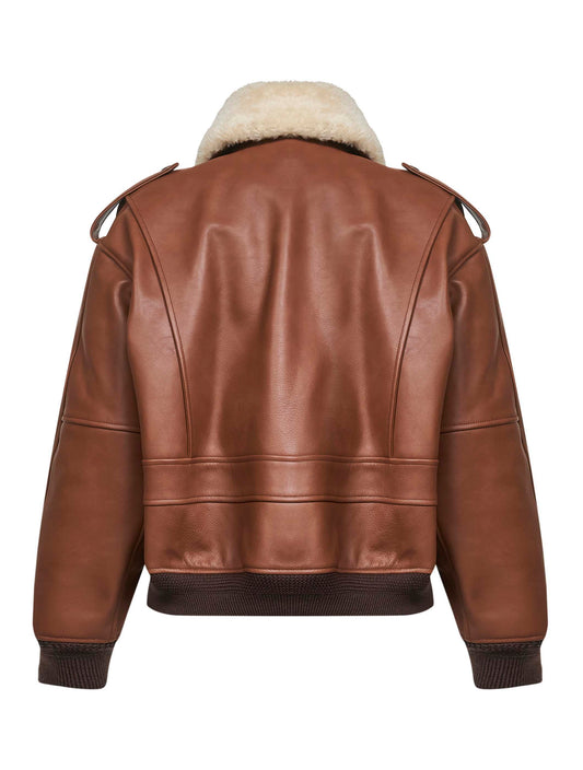 Bomber in pelle martellata e shearling marrone