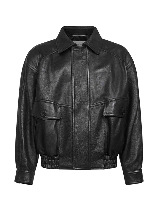 Bomber in pelle di agnello a palloncino nera<BR/>