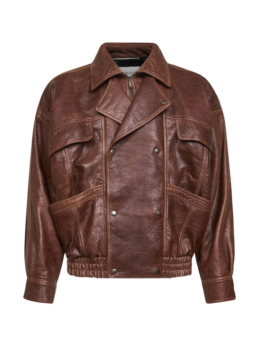 Bomber in pelle di agnello invecchiata marrone<BR/>