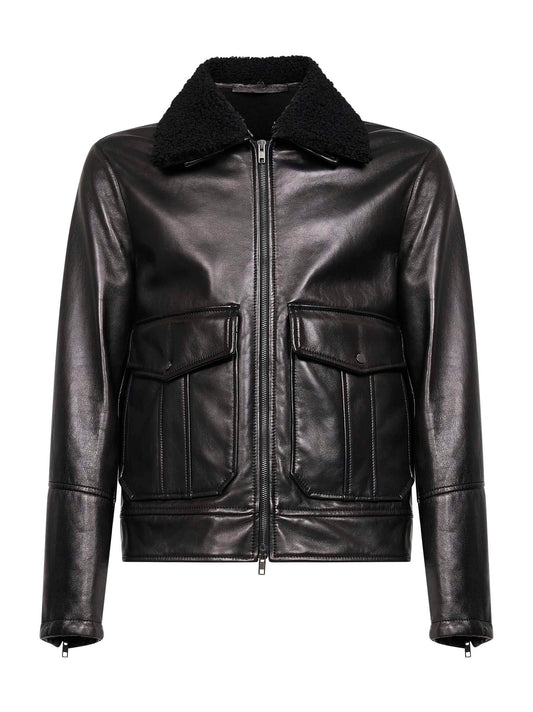 Black plongè nappa leather aviator jacket