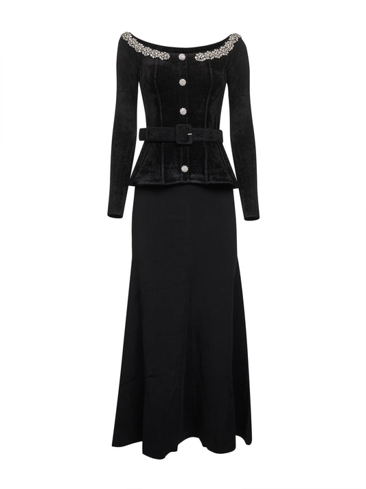 Black chenille and knit crystal trim midi dress