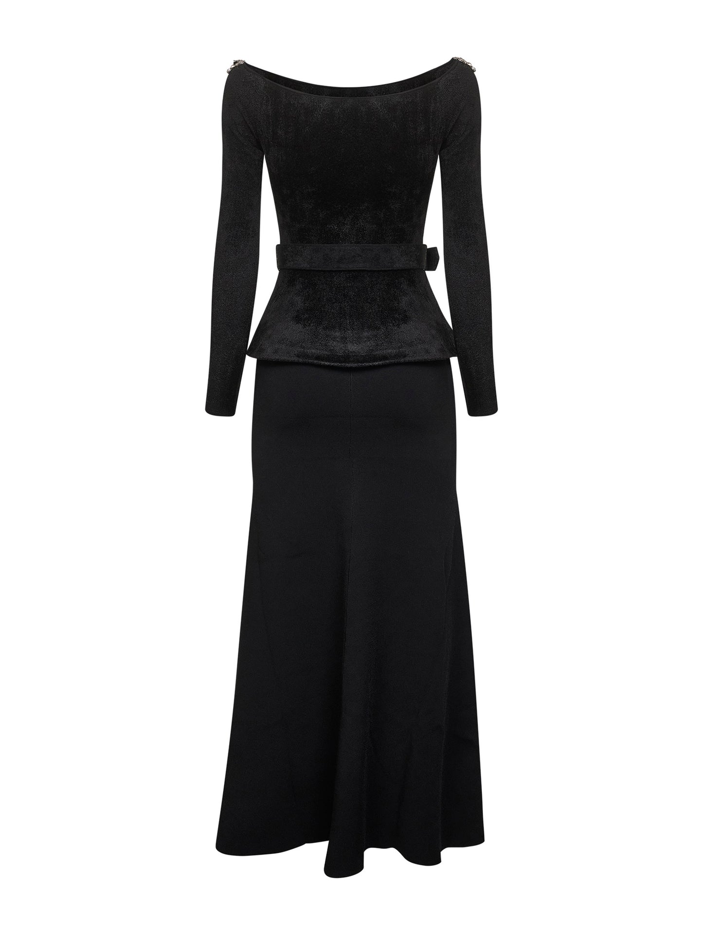 Black chenille and knit crystal trim midi dress