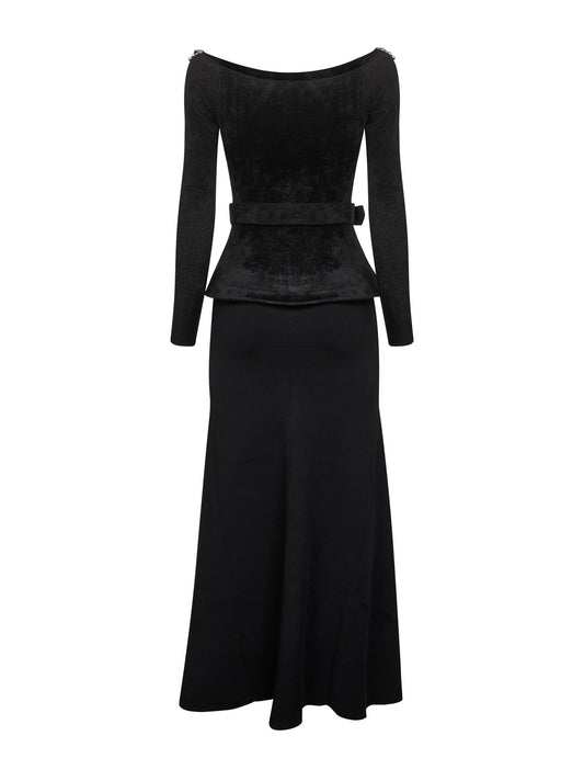 Black chenille and knit crystal trim midi dress