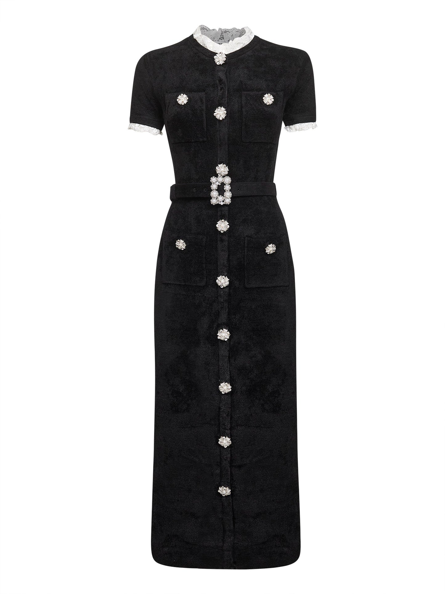 Black chenille belted midi dress