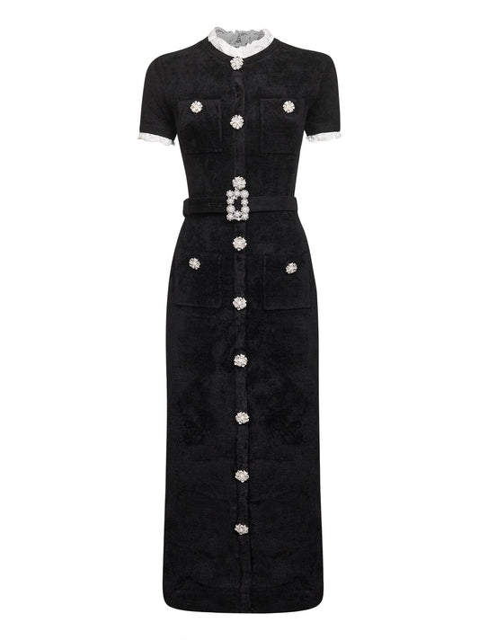 Black chenille belted midi dress