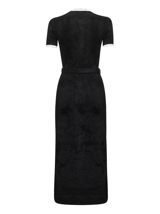 Black chenille belted midi dress