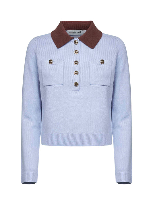 Light blue knit contrasting collar polo shirt