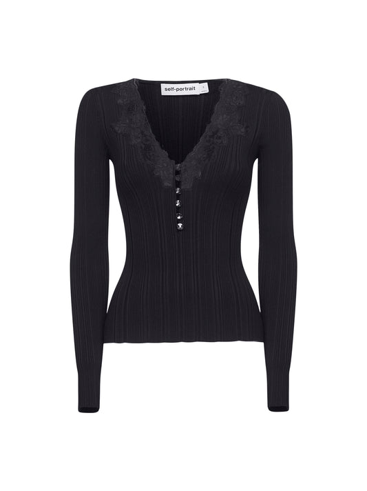 Black ribbed knit lace trim top