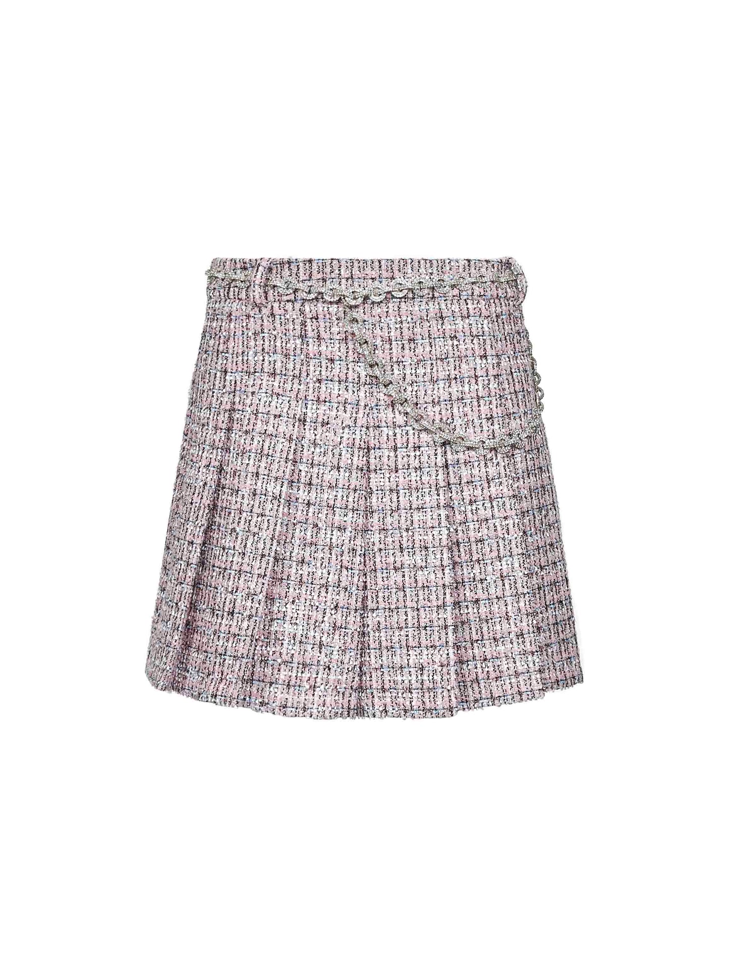 Pink bouclé pleated crystal belt mini skirt