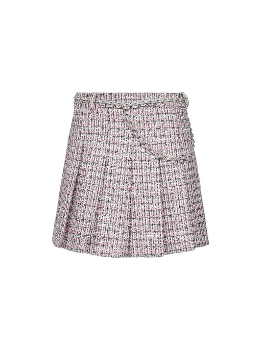 Minigonna a pieghe con cintura in bouclé rosa