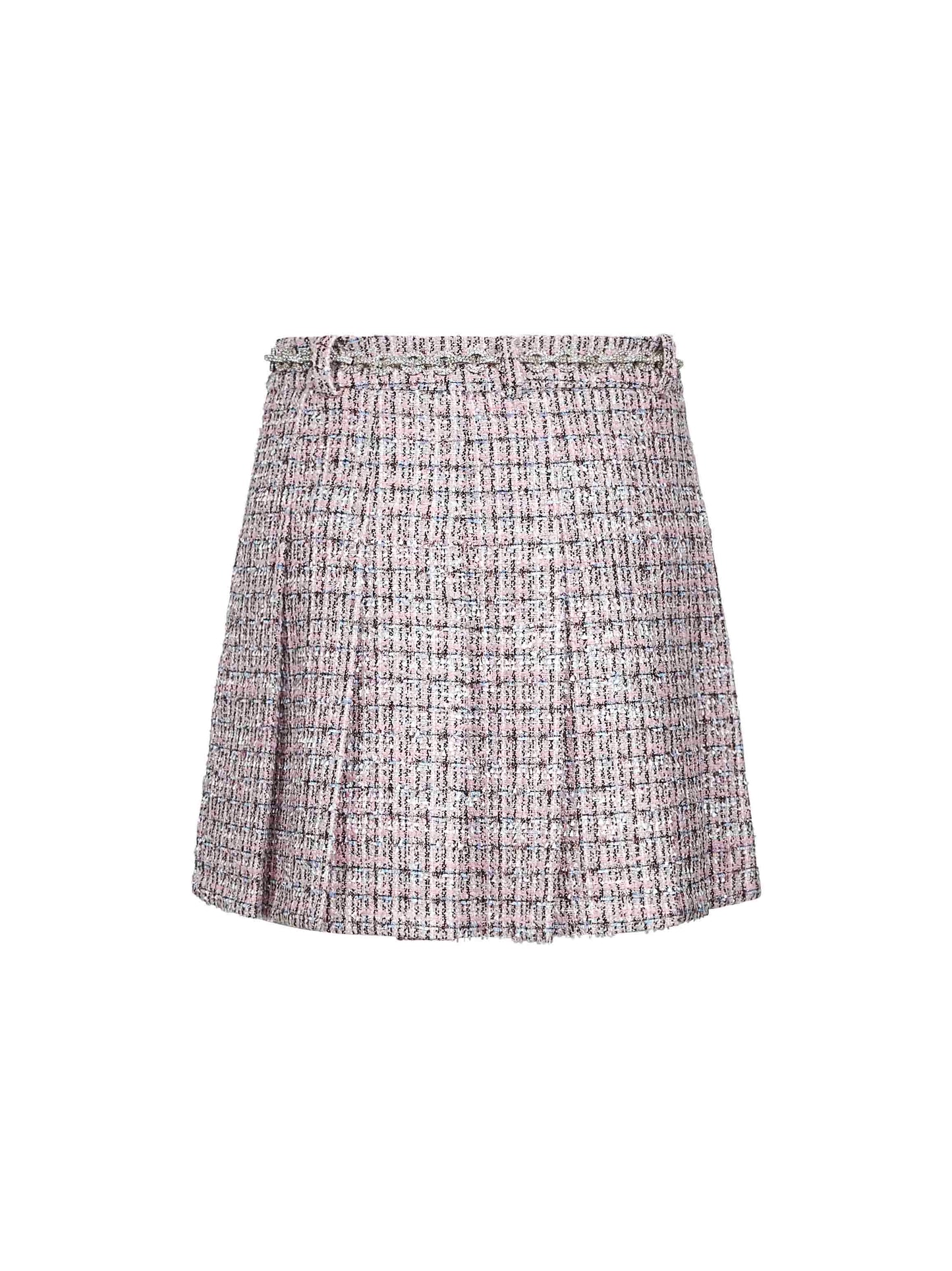 Pink bouclé pleated crystal belt mini skirt