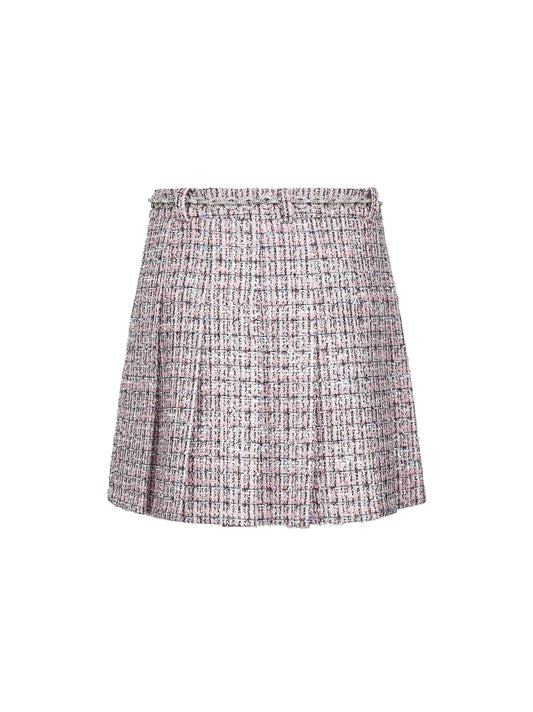 Minigonna a pieghe con cintura in bouclé rosa